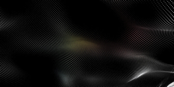 Digital abstract background with floating white particles forming a wave shape on dark surface with subtle glowing colorful dots.