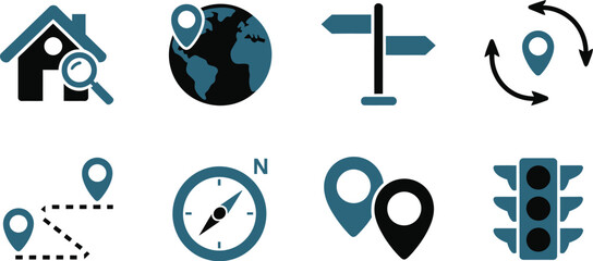 Navigation and map location icon set featuring house search globe pointer road signpost compass route and traffic light vector illustration. © Sumaiya