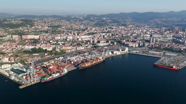 Aerial View of Container Ships at the Port of Vigo Illustrating Rising Import Export Tariffs and Global Inflation Barriers