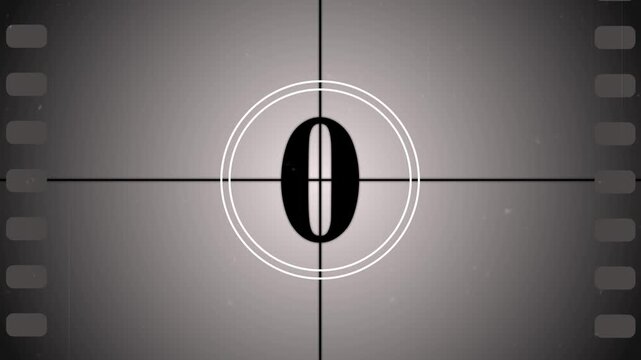 Countdown movie from 5 to 0 number. Old film movie timer count in grey retro style. Vintage video timer, retro cinema animation