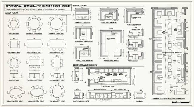 Professional restaurant furniture cad asset library and floor plan layout