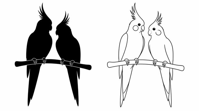 Cockatiel pair perched on branch silhouette and outline set, minimalist bird vector.