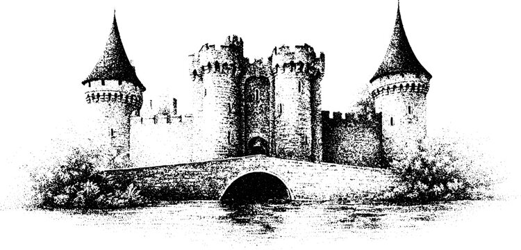 Medieval castle with drawbridge and moat black and white stippled engraving for historical background or book cover design