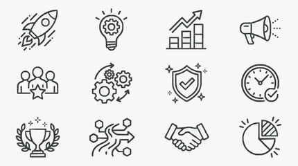 Fototapeta premium Elegant Monochrome Line Icons Set Featuring Business Growth Innovation Success and Collaboration Concepts