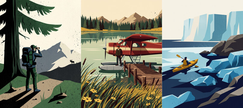 Retro poster illustration set of an Alaska travel adventure. Hiker in mountains, seaplane on a lake, and a kayaker exploring ice glaciers.
