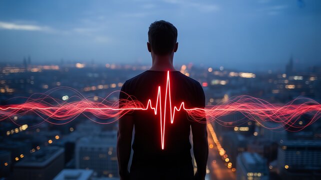 Person overlooking illuminated cityscape at dusk with glowing heartbeat electrocardiogram line symbolizing vitality and urban life