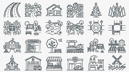Professional Black and White Line Drawing Icons Set of Urban Suburban and Rural Life Elements for Design Projects © Luna