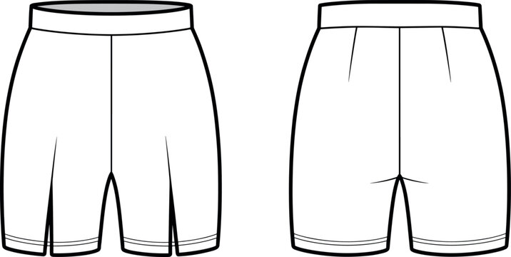 Technical flat sketch of women high waisted shorts featuring front pleats and side slits vector apparel design template for fashion tech pack CAD illustration.