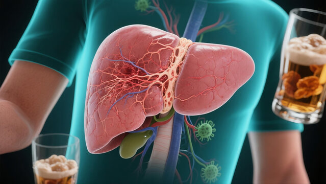 Medical graphic introducing cirrhosis, a severe progressive liver disease caused by long-term liver damage. Healthy liver tissue is replaced by hard scar tissue, triggering liver dysfunction, ascites 