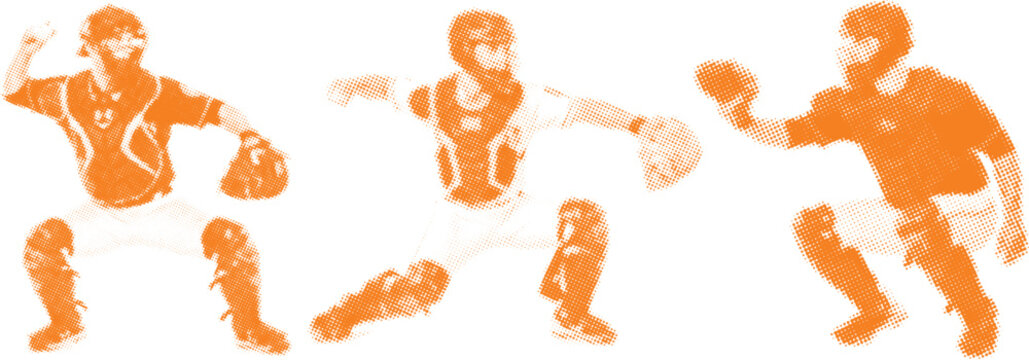 Baseball catcher action poses in orange halftone dot pattern style, male athlete wearing protective gear chest protector shin guards and mask vector