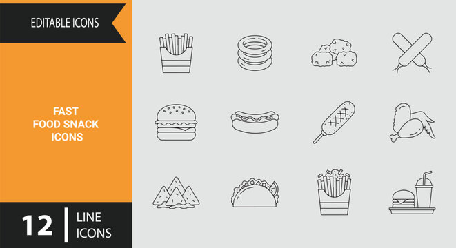 Fast Food Snack Icons Outline Icon Set Featuring Classic Quick Service Restaurant Menu Catering Assets