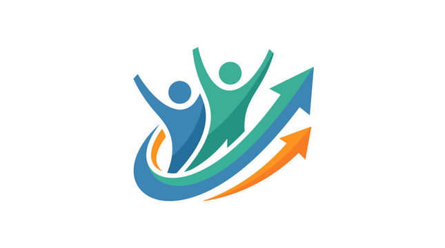Abstract business logo design featuring happy people and upward arrows for growth and success.