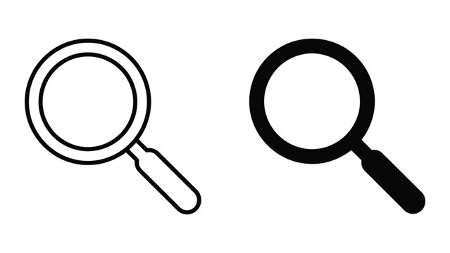 Magnifying glass search icon set in clean outline and solid black styles for web browser UI and digital file search functionality