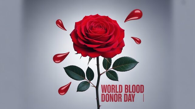 Red rose with surrounding blood drops symbolizing world blood donor day awareness for healthcare compassion and lifesaving support