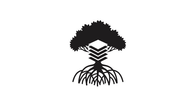Black and white tree with roots and geometric patterns.