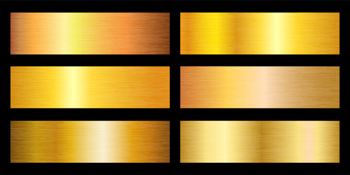 Golden metal textured plate set, brushed gradient gold swatch background, metallic palette, bronze copper glossy foil texture