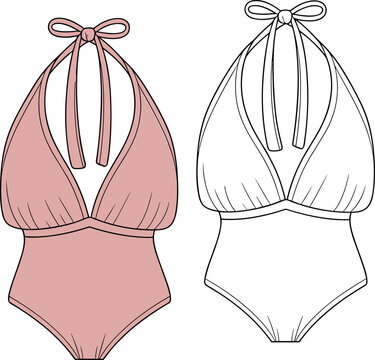 Art & IllustrationTechnical Vector Illustration of Women's Halter Neck One Piece Swimsuit Featuring a Plunging V-Neckline, Ruched Underbust Detail, and Front and Back Flat Sketches