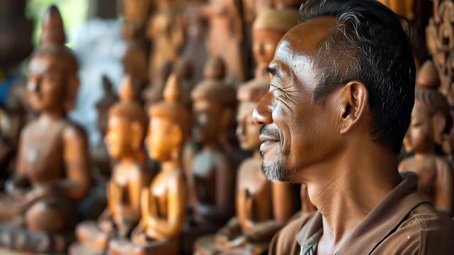 Smiling elder among handcrafted figures celebrating culture and care for World Environment Day