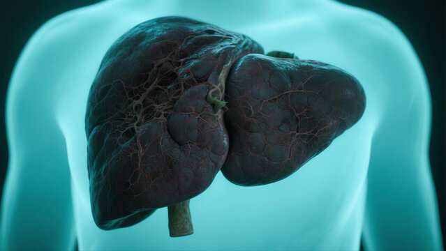 Medical graphic introducing cirrhosis, a severe progressive liver disease caused by long-term liver damage. Healthy liver tissue is replaced by hard scar tissue, triggering liver dysfunction, ascites 