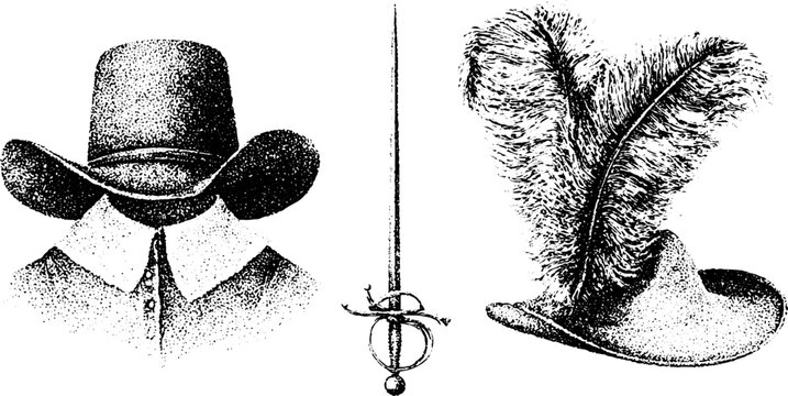 Musketeer hat collar and rapier set black and white stipple illustration for historical costume reference and period design poster