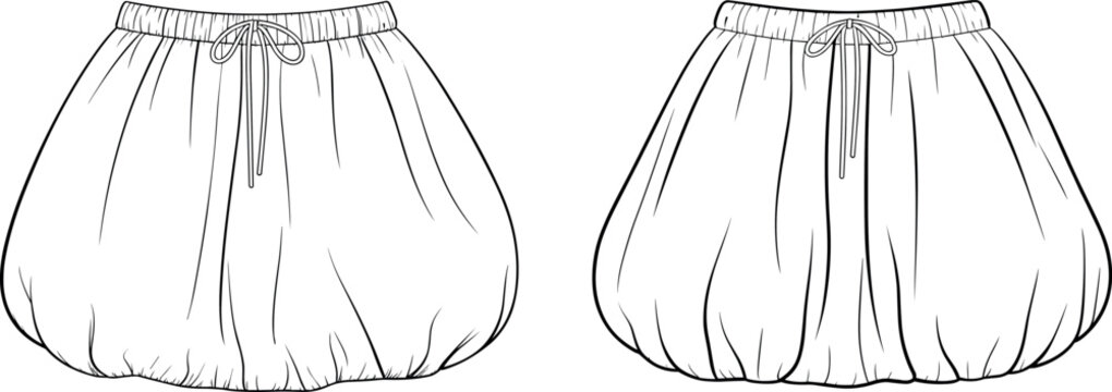 Technical flat sketch of women's mini puff bubble skirt featuring an elastic drawstring waistband and gathered voluminous silhouette vector apparel design template for tech pack.
