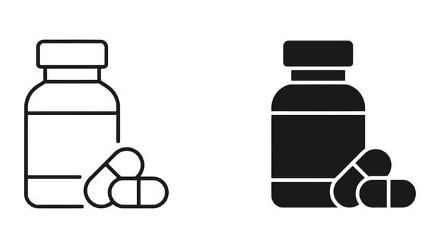 Pill bottle and medical tablets icon set featuring pharmaceutical container with medicine for healthcare or pharmacy branding and health wellness mobile application interface design assets
