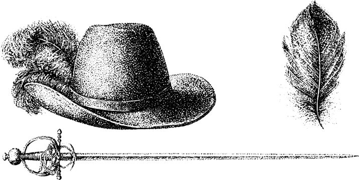 Musketeer hat with feather and rapier engraving in black and white stipple for historical illustration and background design
