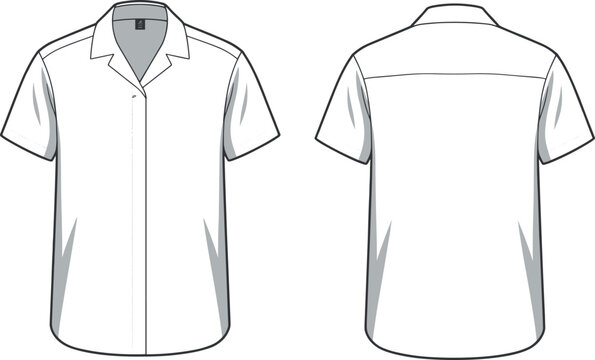 Technical flat sketch of women's short sleeve camp collar shirt with notched lapel and button front view back view vector clothing template