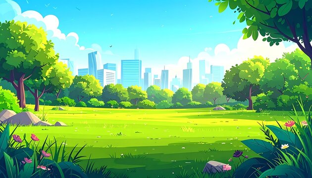 Colorful garden park with urban skyline backdrop.