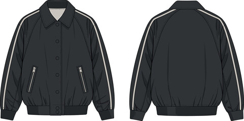 Technical Vector Sketch of Men's Bomber Jacket Featuring Raglan Sleeves with Side Stripes Zippered Pockets and  © Md