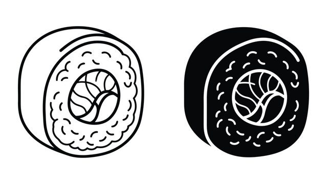 Sushi roll icon set with outline and solid black vector design for japanese restaurant menu and food delivery app interface elements on white background