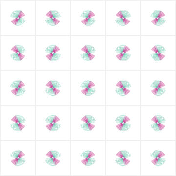 Abstract symmetrical fractal pattern with repeating pink and teal coiled spring motifs