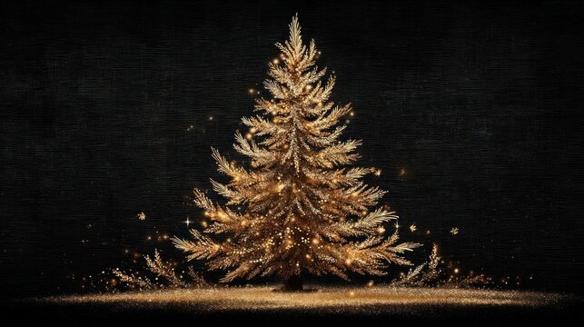 Digitally created illustration of a golden Christmas tree agaisnt a dark background