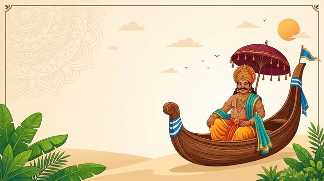 Festive onam greeting background, featuring king mahabali, in a boat, with mandala and, tropical foliage onam festival