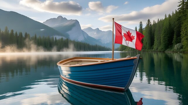 Civic holiday boat scene canadian flag on lake with mountain backdrop