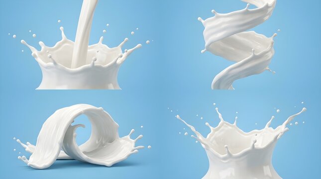 Set of white milk splashes and liquid pouring on light blue background