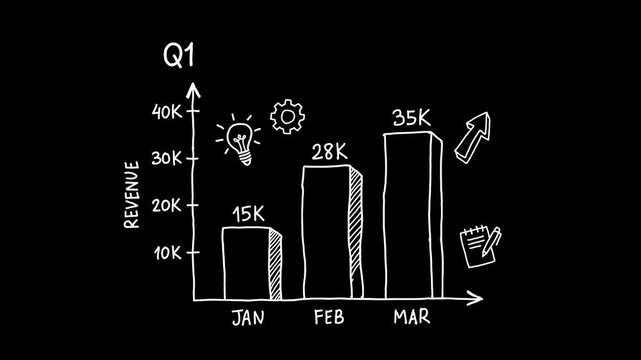Q1 performance overview revenue bar chart lightbulb gear arrow notepad pen 4K Hand Drawn Animation with alpha transparent background