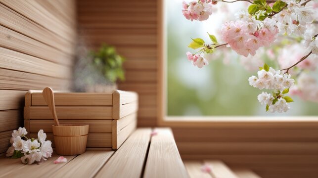 Tranquil spa scene with a wooden bench, cherry blossoms, and soothing elements.