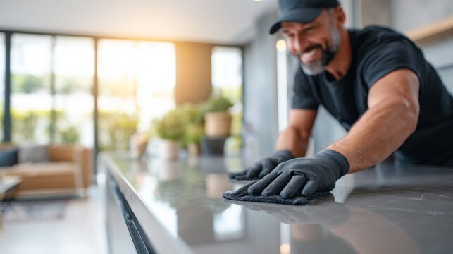 Smiling man cleaning a countertop in a modern living space with plants.