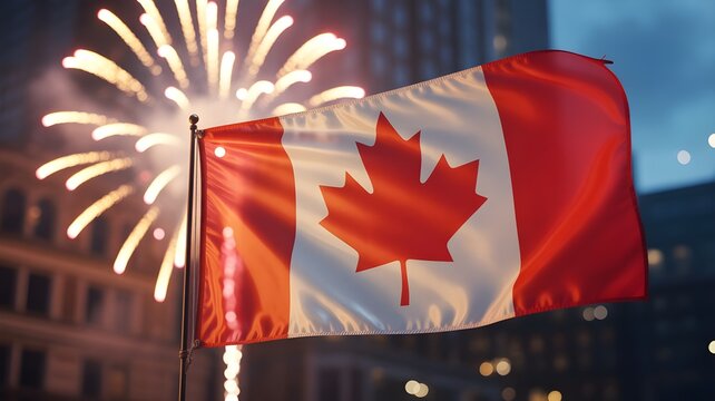 Civic holiday celebration canadian flag waving with fireworks in cityscape