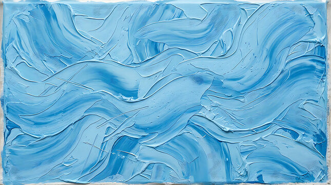 Abstract textured painting with swirling brushstrokes in various shades of blue, evoking the movement of water.
