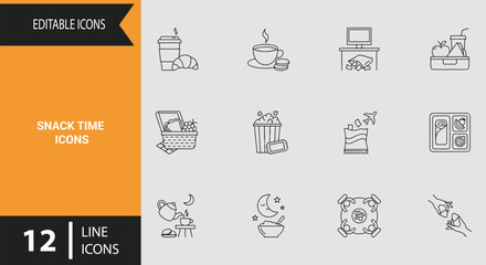 Fototapeta premium Snack Time Icons Outline Icon Set Illustrating Afternoon Office Breaks Comfort Eating And Casual Refreshments