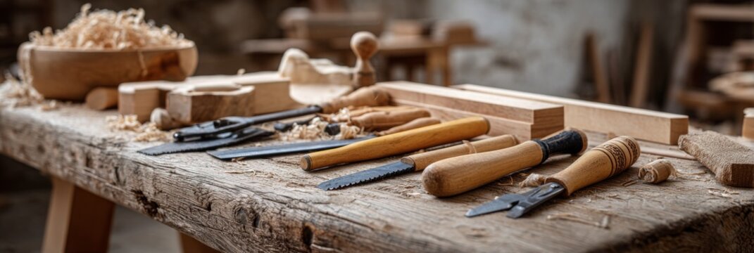 A variety of woodworking tools arranged on a rustic wooden workbench.