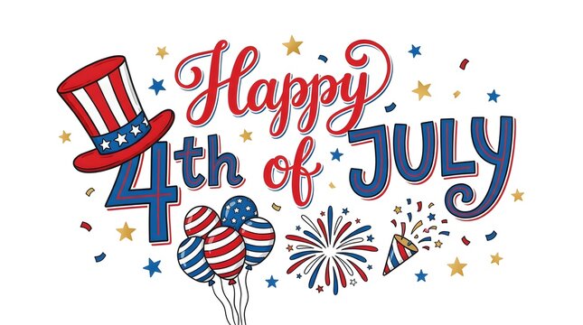 Happy 4th of july celebration greeting card with uncle sam hat and balloons