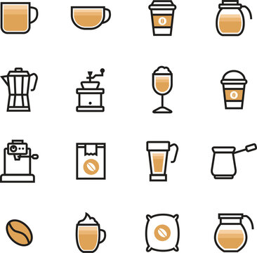 Creative barista tool outline symbols bundle with coffee machine kettle mug spoon sugar beans and open sign vector