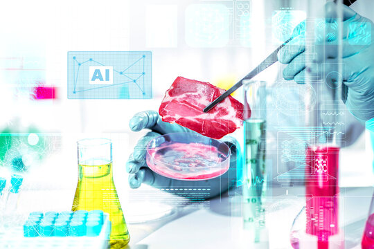 Meat or cured ham slice examined in a modern food lab with an AI hologram overlay concept. Smart quality control, computer vision inspection, traceability analytics, and safety testing.