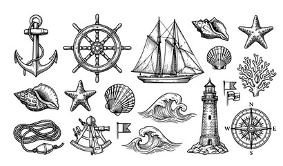 Vintage Nautical Doodle Vector Collection with Ocean and Beach Icons © MDNOYON