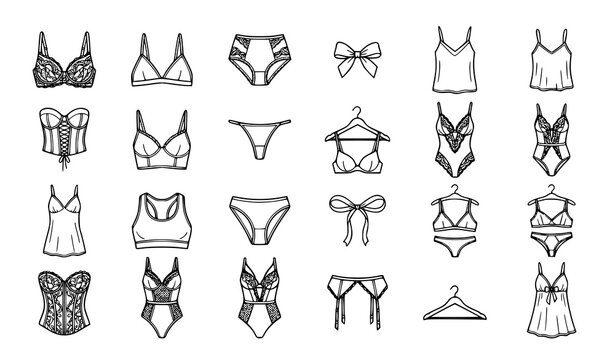 Hand drawn lingerie vector icon set with lace bra feminine fashion outline symbols