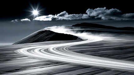 Obraz premium Dramatic landscape with a winding dirt road under a bright sun and cloudy sky landscape outdoors