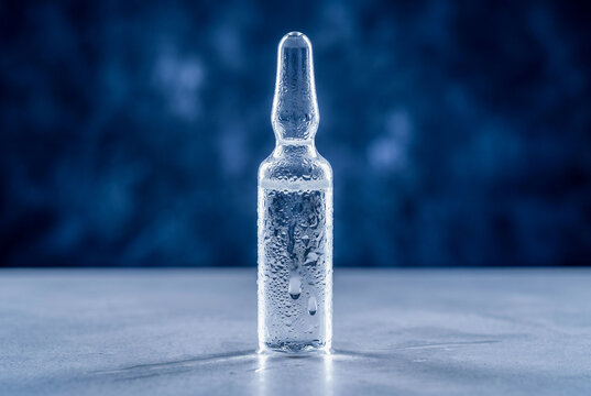 A chilled 10ml clear glass ampoule covered in a realistic condensation field stands on micro-cement. Luminous backlit edges pop against a deep indigo blue background.
